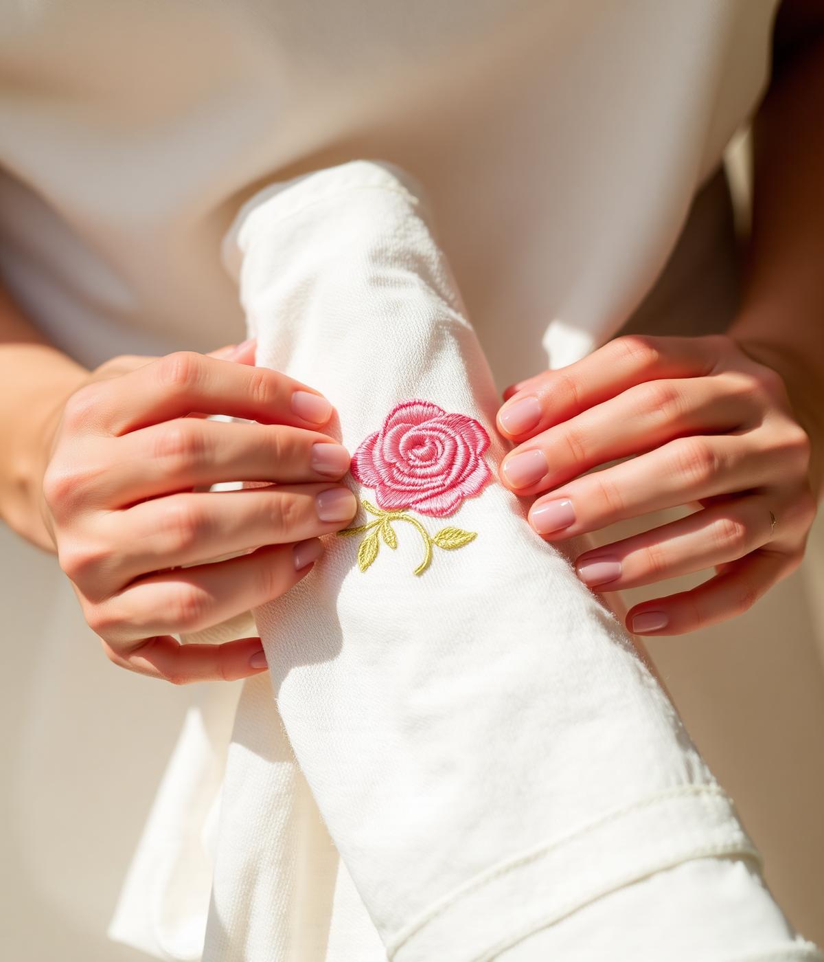 Hands hand-embroidering a rose motif onto a Raya towel