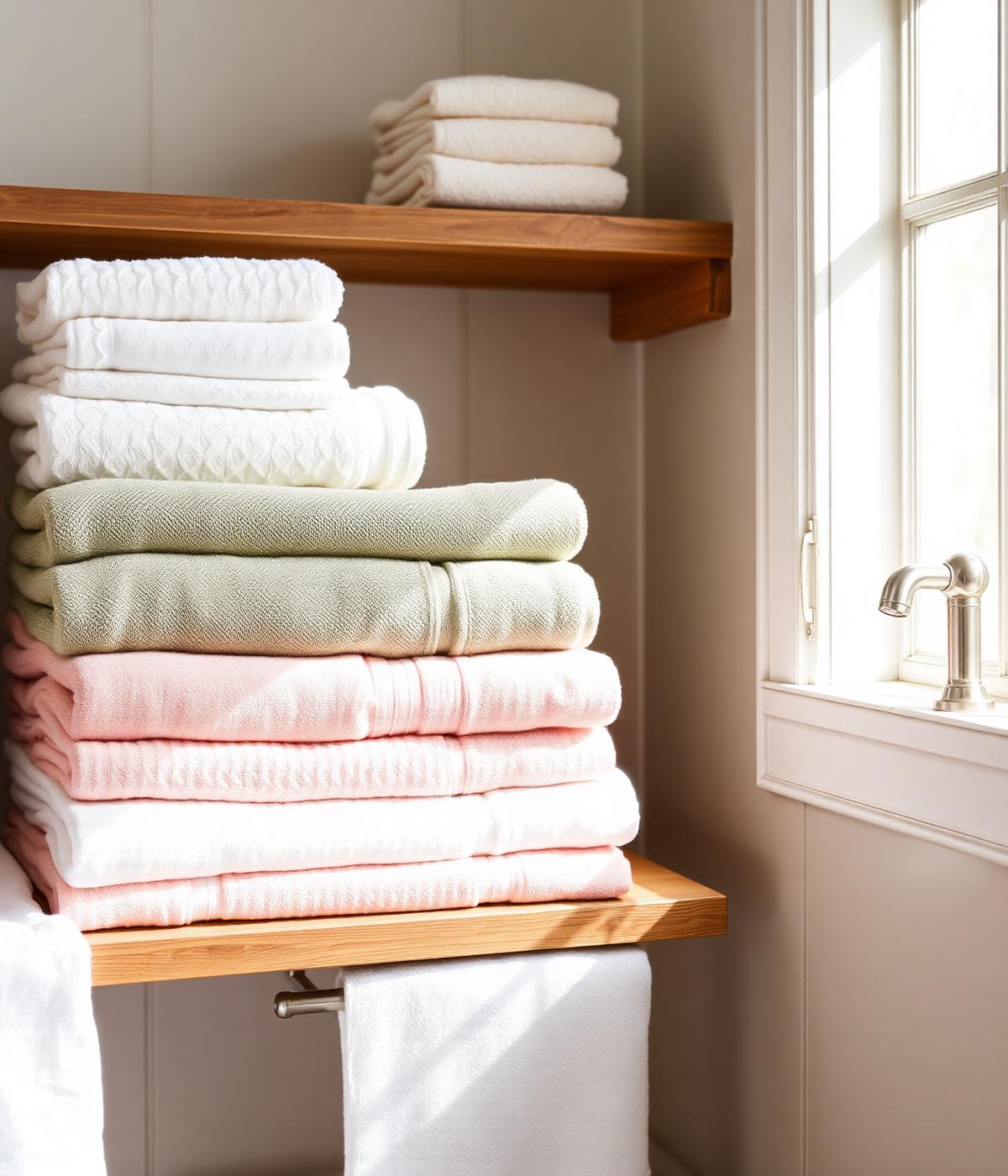 Folded stack of Raya cotton towels on a wooden shelf